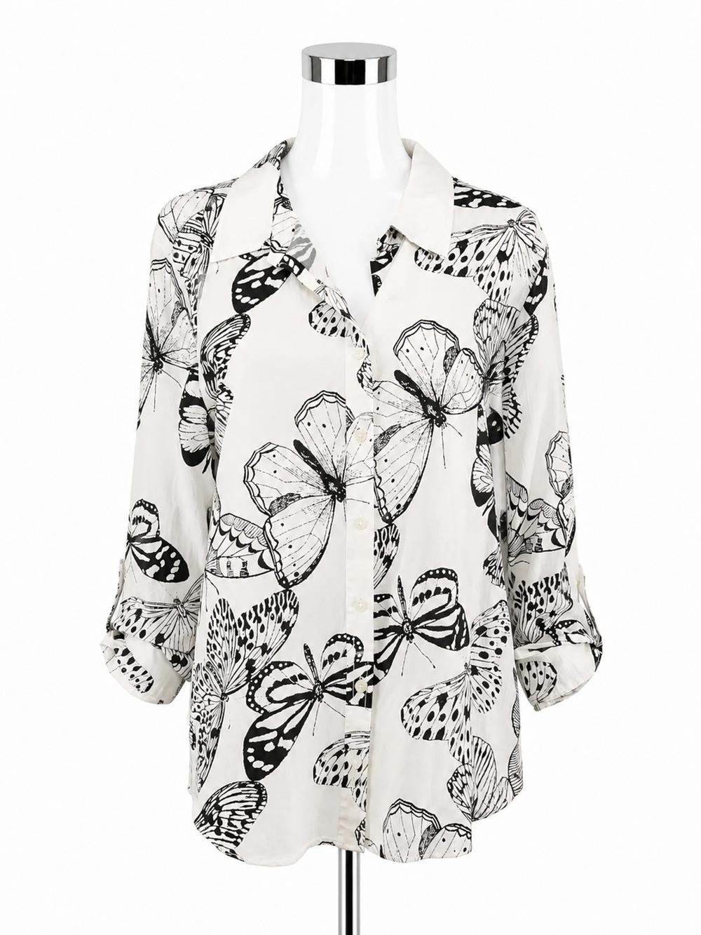 Jane & Delancey Butterfly Print Button Down Roll-Tab Blouse Size XL
